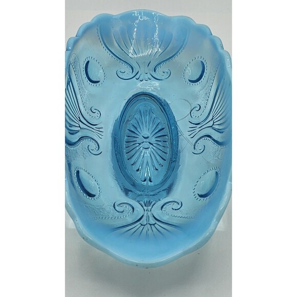 Beautiful Vintage Jefferson Glass Jewel & Fan Blue Opalescent 8.75" Pickle Dish - Picture 13 of 16